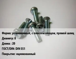 Винт установочный, с плоским концом, прямой шлиц 8х20 DIN 551 оцинкованный